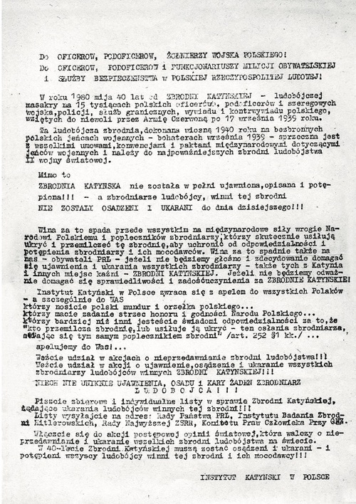 Ulotka poświęcona Zbrodni Katyńskiej rozpowszechniana przez Instytut Katyński w Polsce w 1979 r. w Krakowie i Nowej Hucie