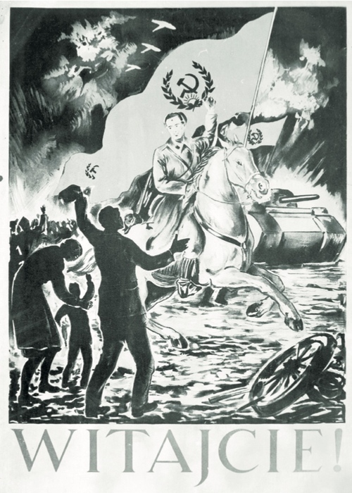 Plakat propagandowy rozwieszany na początku 1945 r. po zajęciu Górnego Śląska przez Armię Czerwoną