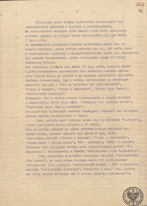 Fragment of the Citizens’ Militia survey from operation “Albion” regarding the course of Margaret Thatcher’s visit to Gdańsk, November 4, 1988 (the Institute of National Remembrance, Gd 564/194)