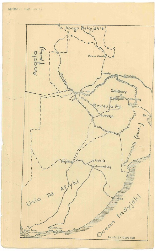 Szkic mapy przedstawiającej położenie Digglefold w Płd. Rodezji, ze zbiorów AIPN, Materiały dotyczące żeńskiego Gimnazjum Ogólnokształcącego w Digglefold (Płd. Rodezja) z lat 1944-1948