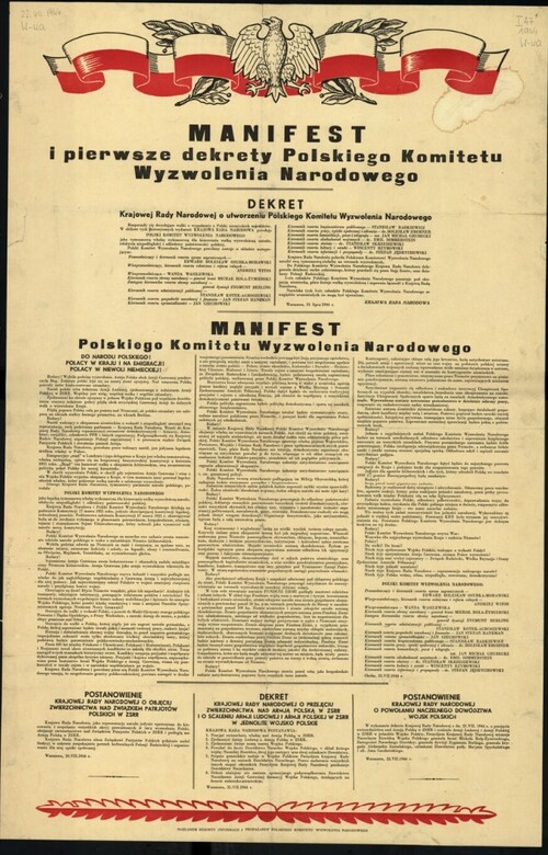 Obraz afisza, na którym umieszczone zostały Manifest i pierwsze tak zwane akty prawne Polskiego Komitetu Wyzwolenia Narodowego.