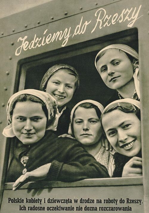 Niemiecki plakat propagandowy namawiający Polki do wyjazdu do pracy w Rzeszy