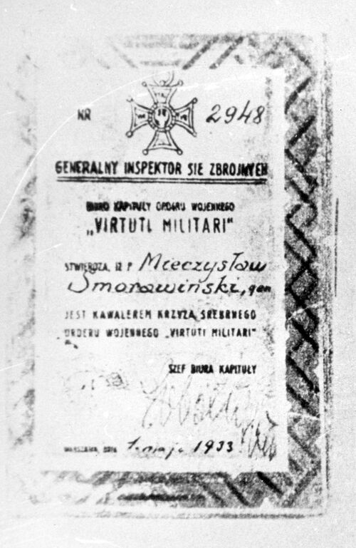 Legitymacja Orderu Virtuti Militari gen. Mieczysława Smorawińskiego