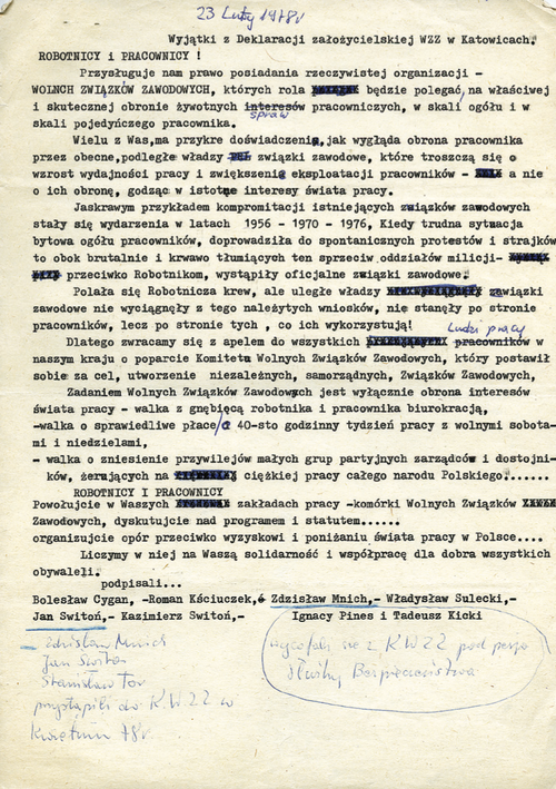 Wyjątki z deklaracji założycielskiej WZZ w Katowicach, 23 lutego 1978 r. (fot. IPN)