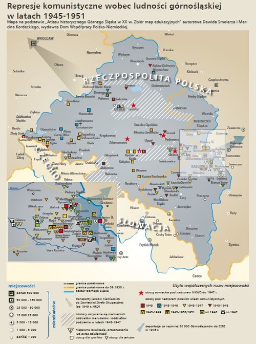 Represje komunistyczne wobec ludności górnośląskiej w latach 1945-1951. Mapa na podstawie Atlasu Historycznego Górnego Śląska w XX w. Zbiór map edukacyjnych autorstwa Dawida Smolarza i Marcina Kordeckiego, wydawca Dom Współpracy Polsko-Niemieckiej, współwydawca IPN Oddział w Katowicach, 2013. Za: Tragedia w cieniu „wyzwolenia”. Górny Śląsk w 1945 roku. Materiały edukacyjne, IPN Oddział w Katowicach, 2015