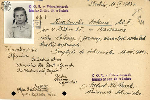 Karta Stefanii Kaczkowskiej, przebywającej w Schronisku dla Sierot Wojennych w Strobowie. Dokument z zasobu AIPN