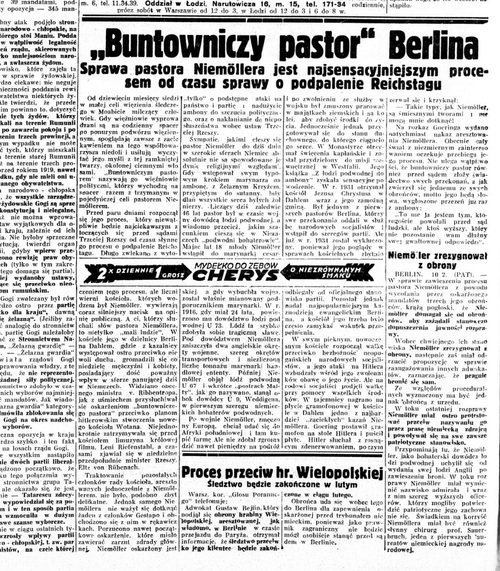 Wyjątek z prasy polskiej na temat pastora Martina Niemöllera, <i>Głos Poranny</i>, 11 lutego 1938