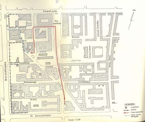 Mapka pokazująca trasę samochodu konwojowego przewożącego utarg z Centralnego Domu Towarowego do VIII Oddziału NBP przy ul. Jasnej w dniu 22 grudnia 1964 r. oraz trasę ucieczki bandytów z łupem.