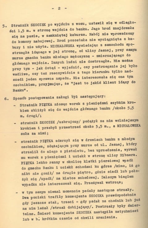 Dokument zawierający opis przebiegu rzeczywistego napadu na konwój przewożący utarg z Centralnego Domu Towarowego do VIII Oddziału NBP przy ul. Jasnej w dniu 22 grudnia 1964 r.