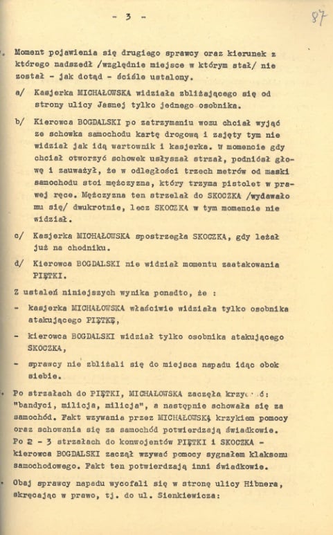 Dokument zawierający opis przebiegu rzeczywistego napadu na konwój przewożący utarg z Centralnego Domu Towarowego do VIII Oddziału NBP przy ul. Jasnej w dniu 22 grudnia 1964 r.