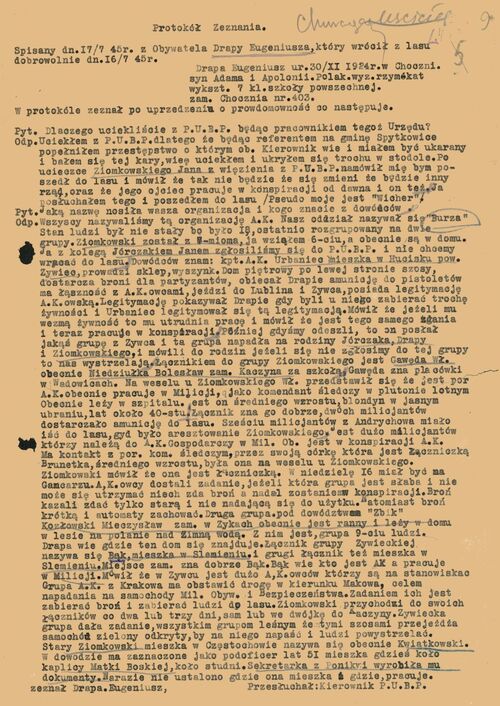 Zeznanie złożone 17 VII 1945 r. przez Eugeniusza Drapę „Wichra”. dokumnet sporządzony pismem maszynowym.