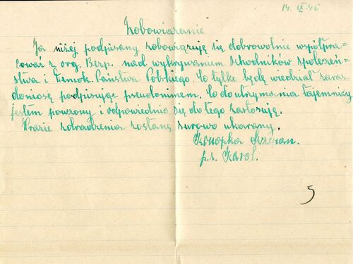 Zobowiązanie do współpracy z UB podpisane w 1946 r. przez ppor. Szczepana Konopkę. Kartka papieru z pismem odręcznym wykonanym zielonym tuszem lub atramentem