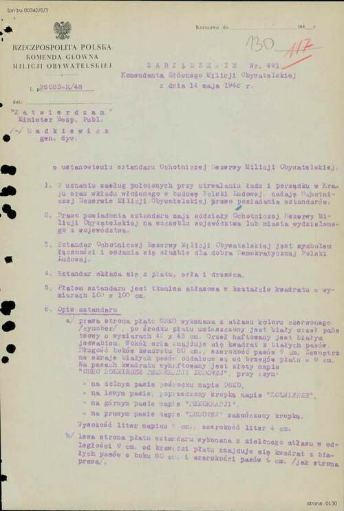 Dokumnet sporządzony pismem maszynowym zaZarządzenie Komendanta Głównego Milicji Obywatelskiej o ustanowieniu sztandaru ORMO, 1948 r. (z zasobu IPN)