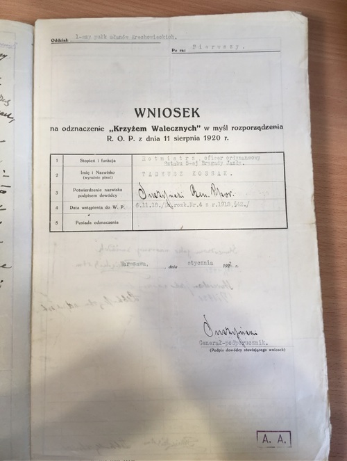 Wniosek o odznaczenie Krzyżem Walecznych, 1921 r. (Zbiory CAW WBH w Warszawie)