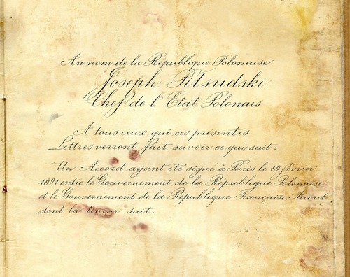 Preambuła ratyfikacji umowy politycznej polsko-francuskiej, 30 maja 1922 r. Dokument z zasobu Archiwum MSZ w Warszawie