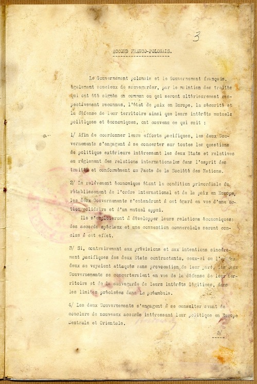 Tekst umowy politycznej polsko-francuskiej ratyfikowanej przez Naczelnika Państwa Józefa Piłsudskiego, 30 maja 1922 r. Dokument z zasobu Archiwum MSZ w Warszawie