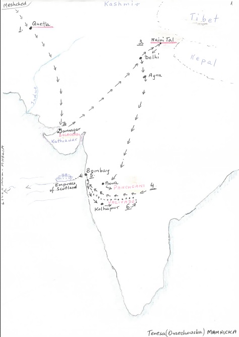 Mapa przedstawiająca miejscowości, wraz z wyznaczonymi trasami, do których przybywały polskie dzieci, pochodząca ze znajdującego się w zasobie Archiwum IPN w Warszawie zespołu <i>Koło Polaków z Indii 1942-1948</i>