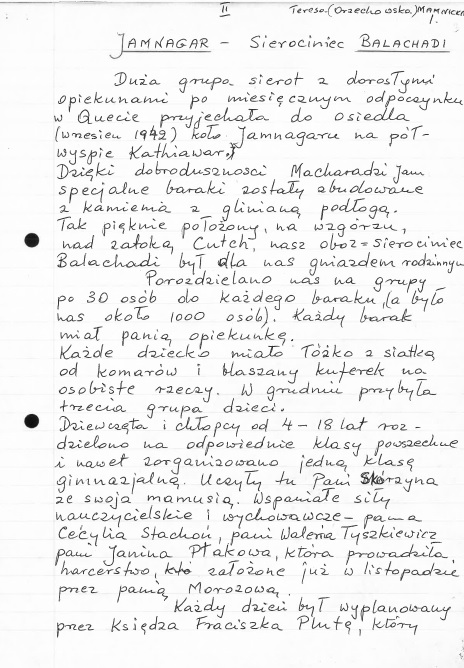 Fragment relacji Teresy Orzechowskiej-Mamnickiej pochodzącej ze znajdującego się w zasobie Archiwum IPN w Warszawie zespołu <i>Koło Polaków z Indii 1942-1948</i>