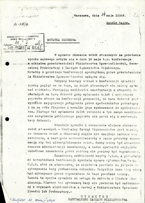 Kopia notatki służbowej płk. Hipolita Duljasza, dyrektora Centralnego Zarządu Więziennictwa, z 14 maja 1956 r., dotyczącej spotkania mającego miejsce w siedzibie Generalnej Prokuratury 10 maja 1956 r. (Z zasobu AIPN)