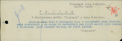 Wyciąg z doniesienia agenturalnego dotyczącego Adama Bienia, 6 listopada 1954 r. Z zasobu AIPN