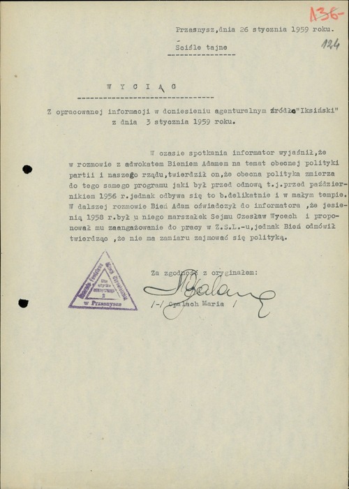 Wyciąg z doniesienia agenturalnego dotyczącego Adama Bienia, 26 stycznia 1959 r. Z zasobu AIPN