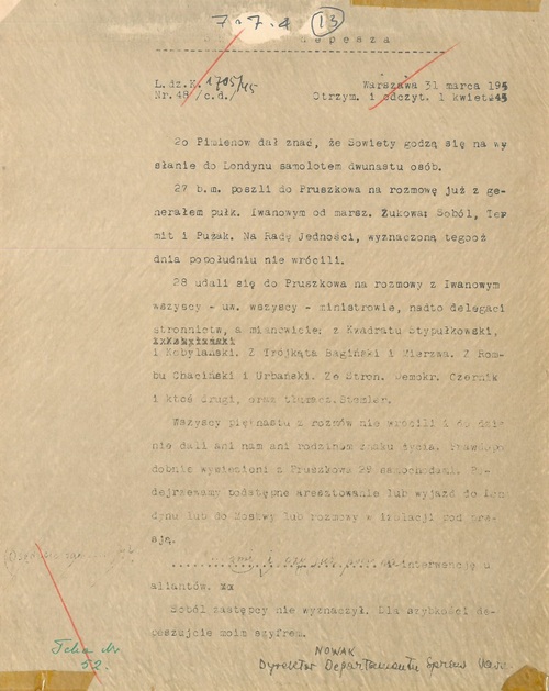 Depesza z 31 marca 1945 r. w sprawie aresztowania przywódców Polskiego Państwa Podziemnego. Z zasobu AIPN