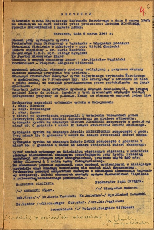 Protokół wykonania kary śmierci na Ludwigu Fischerze, 8 III 1947 r.