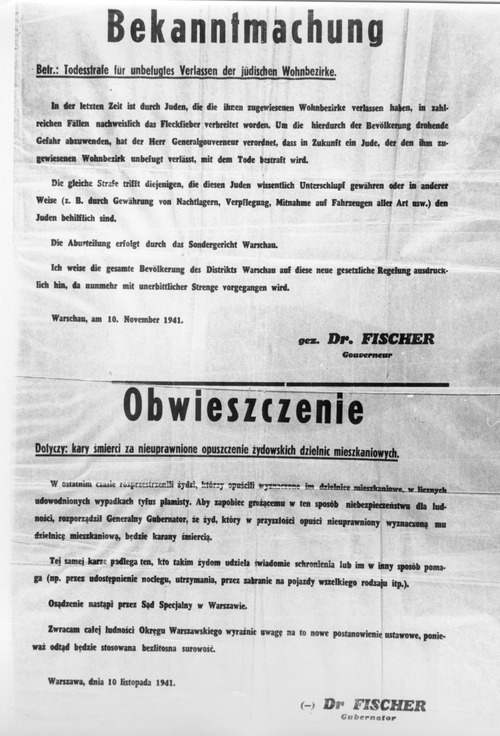 Obwieszczenie z 10 listopada 1941 r. wydane przez gubernatora Dystryktu Warszawskiego Ludwiga Fischera o karze śmierci dla ludności żydowskiej opuszczającej bez zezwolenia wyznaczone im miejsca pobytu i tejże karze dla osób udzielających im pomocy
