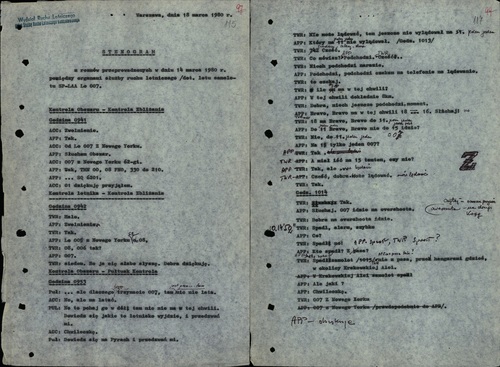 Fragmenty stenogramu z korespondencji radiowej prowadzonej z samolotem Ił-62 „Mikołaj Kopernik” przez służbę ruchu lotniczego, 14 marca 1980 r. Z zasobu AIPN