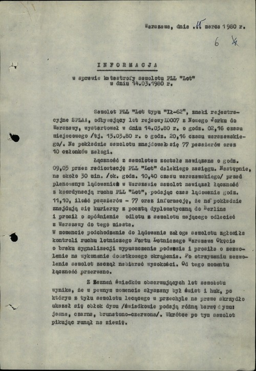 Pierwsza strona informacji dotyczącej katastrofy samolotu Ił-62 „Mikołaj Kopernik”, 15 marca 1980 r. Z zasobu AIPN