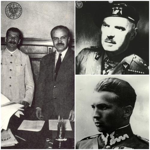 Uczestnicy spotkania na Kremlu w dniu 18 marca 1942 roku. Na zdjęciu po lewej Józef Stalin i Wiaczesław Mołotow. Na zdjęciach po prawej: u góry Władysław Anders, u dołu Leopold Okulicki.