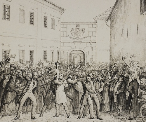 <i>Uwolnienie więźniów politycznych w Krakowie w roku 1848</i>, grafika Jana Kantego Lorenowicza, ze zbiorów Biblioteki Narodowej