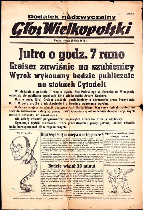 Strona z "Głosu Wielkopolskiego" z informacją o egzekucji Arthura Greisera, 1946 r. Fot. z zasobu AIPN