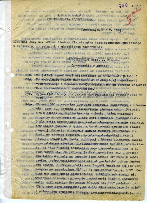 Fragment protokołu przesłuchania Zofii Łuszczkiewicz z 3 stycznia 1949 r. Dokument z akt kontrolnych sprawy przeciwko Łuszczkiewicz Zofii c. Michała przechowywanych w zasobie Archiwum IPN w Warszawie