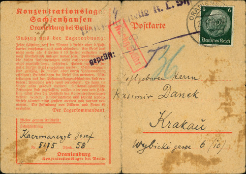 Kartka pocztowa Józefa Kaczmarczyka z KL Sachsenhausen