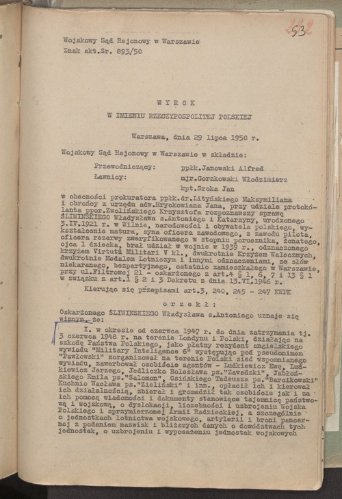 Pierwsza i trzecia strona wyroku sądowego skazującego Władysława Śliwińskiego na karę śmierci. Warszawa, 29 lipca 1949 r. (zzasobu IPN)
