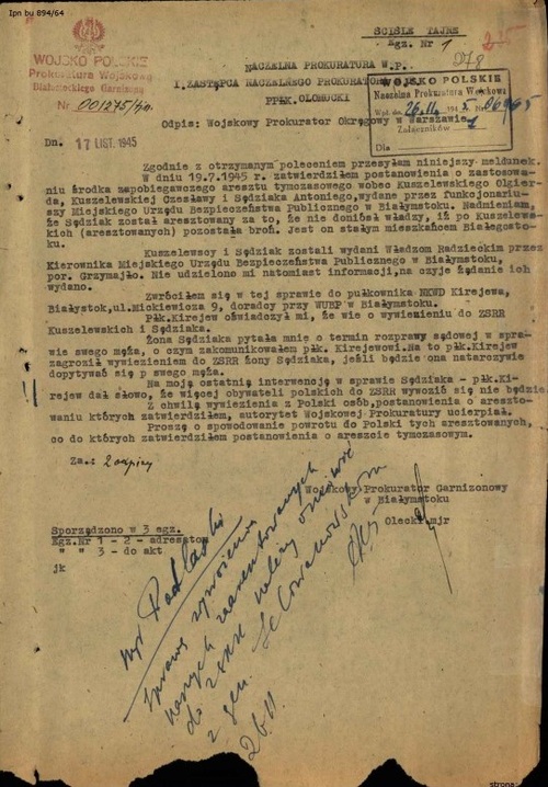 Pismo Wojskowego Prokuratora Garnizonowego w Białymstoku do Naczelnej Prokuratury Wojskowej w Warszawie z 17 listopada 1945 r. Ze zbiorów IPN