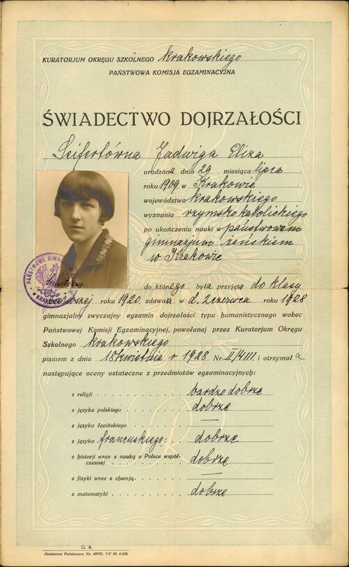 Świadectwo dojrzałości Jadwigi Seifert z 1928 r.