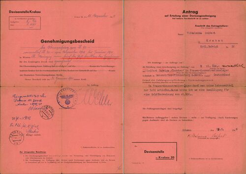 Wniosek i (wydane drugostronnie) pozwolenie na przekazy pieniężne dla więźnia FKL Ravensbrück z 1940 r.