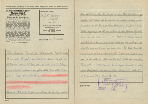 List Jadwigi Seifert do matki Wilhelminy ze stycznia 1943 r. (widoczna ingerencja cenzury obozowej)