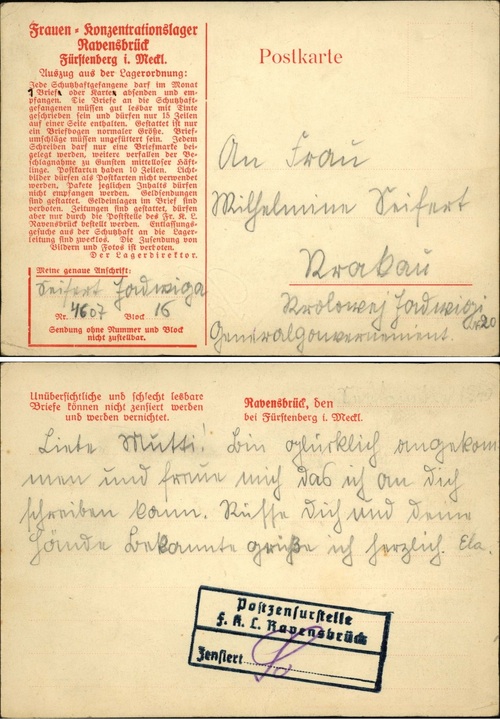 Karta pocztowa Jadwigi Seifert wysłana z FKL Ravensbrück do matki Wilhelminy