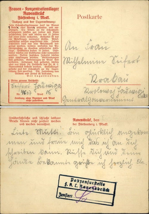 Karta pocztowa Jadwigi Seifert wysłana z FKL Ravensbrück do matki Wilhelminy
