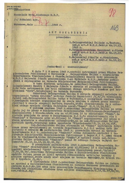 Akt oskarżenia przeciwko Halinie Zwinogrodzkiej, zatwierdzony przez mjr. Józefa Różańskiego, naczelnika Wydziału Śledczego MBP