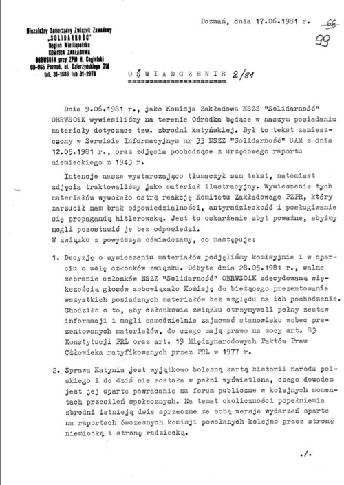 Oświadczenie Niezależnego Samorządnego Związku Zawodowego Solidarność Regionu Wielkopolska, strona 1