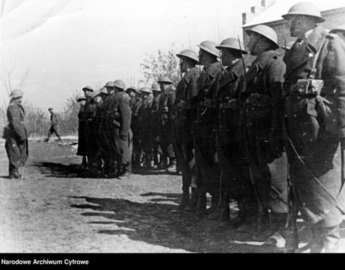 Żołnierze w mundurach i hełmach ustawieni w szeregach