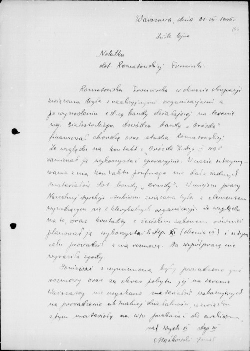 Notatka służbowa z dnia 21 lipca 1955 roku dotycząca przekazania sprawy Franciszki Ramotowskiej do archiwum