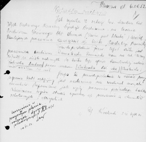 Notatka służbowa z dnia 6 czerwca 1952 roku dotycząca domniemanego istnienia w AGAD kółka religijnego z udziałem Franciszki Ramotowskiej