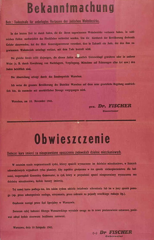 bwieszczenie gubernatora Fischera z 10 listopada 1941 o karze śmierci za „nieuprawnione opuszczenie żydowskich dzielnic mieszkaniowych” (domena publiczna)