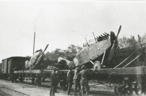 Rail transport of the Tadeusz Kościuszko 7th Air Escadrille. Ansaldo A.1 Balilla, serial no. 16717, is in the forefront. The Balillas replenished the squadron after the winter equipment losses. An Oeffag D.III with side number 8 is seen in the background. Captain Pilot Edward C. Corsi usually flew on that aircraft. Photo from the Polish Air Force Museum in Cracow