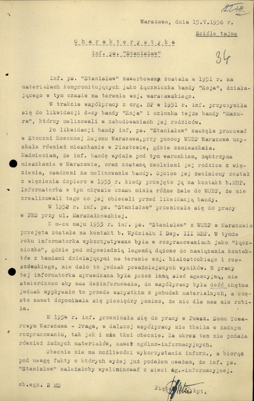 Charakterystyka informatora ps. „Stanisław” sporządzona przez kpt. Józefa Piętka. Warszawa, 12 maja 1956 r. Ze zbiorów AIPN
